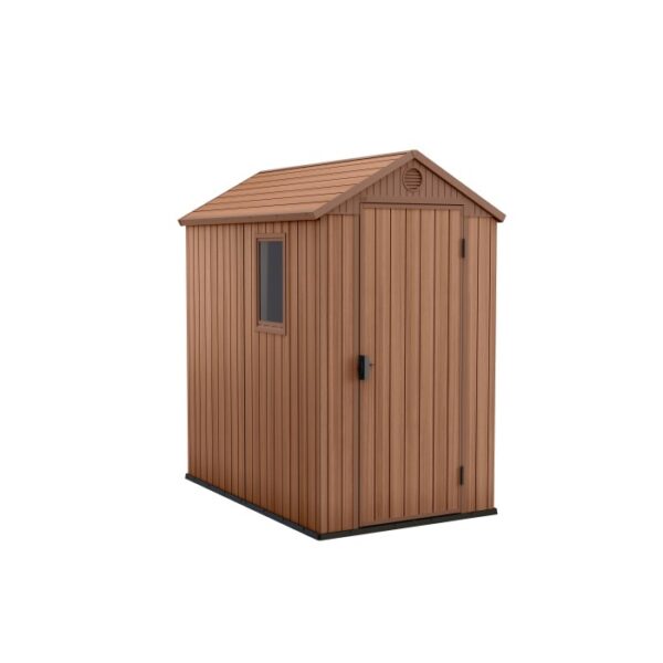 Piccola casetta da giardino in plastica marrone con finestra e porta.