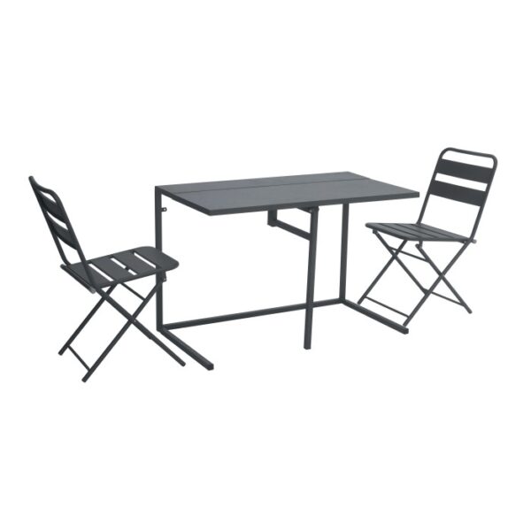 Set mobili da balcone grigio: tavolo e due sedie pieghevoli per il balcone.