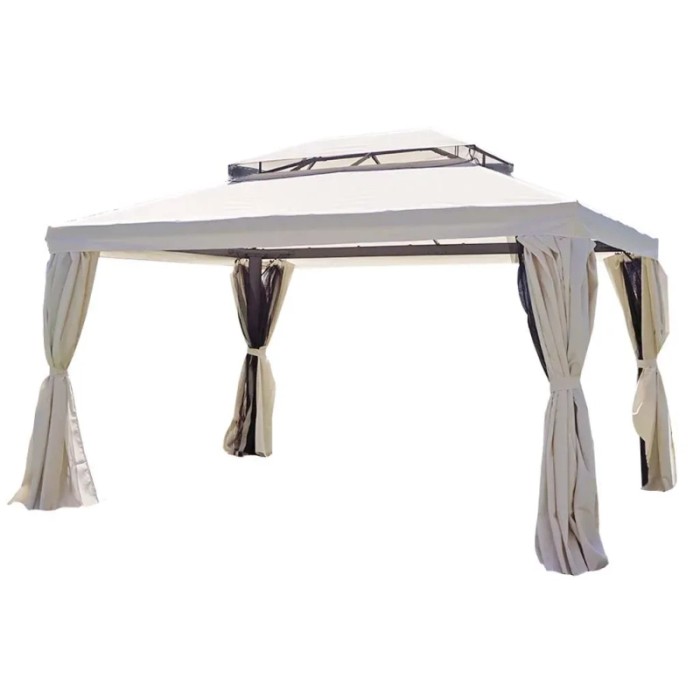 Gazebo beige con tende per giardino e patio.