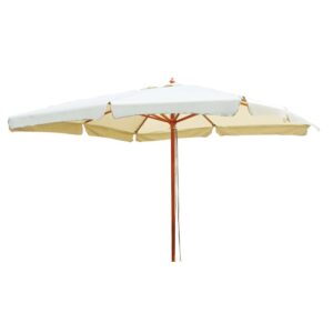 Ombrellone t.b.t. con struttura in legno e telo chiaro.
