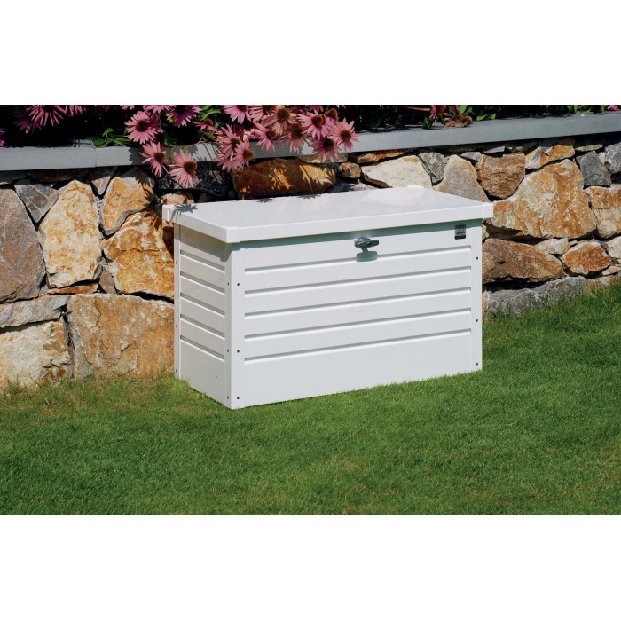 Box universale Biohort Freizeitbox 100 bianca in metallo, ideale per riporre gli oggetti in giardino.