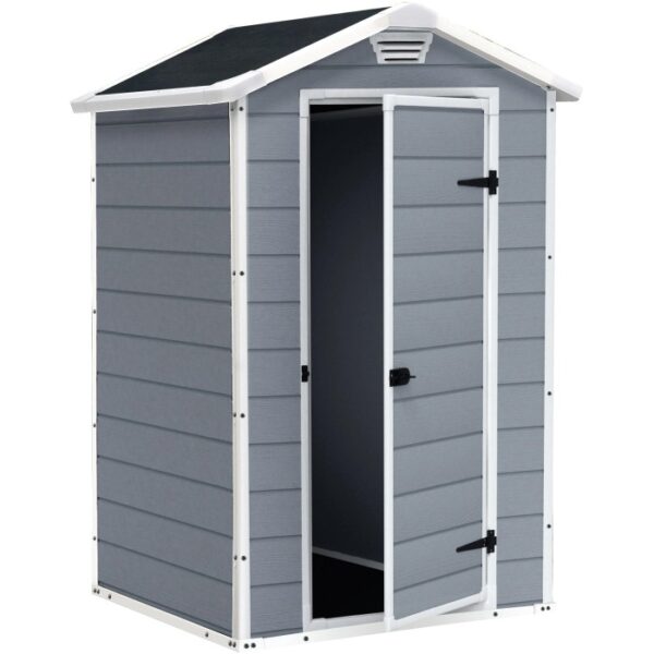 Casetta da giardino Keter Manor 4x3 grigio-bianca con porta aperta. Rimessa in plastica per attrezzi da giardino.