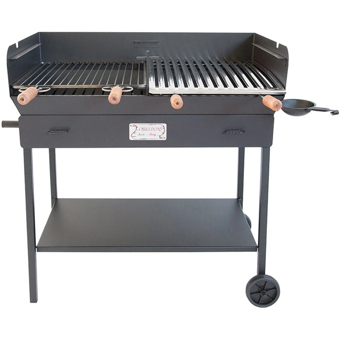 Barbecue a carbonella nero t.b.t. con ripiano e ruote.
