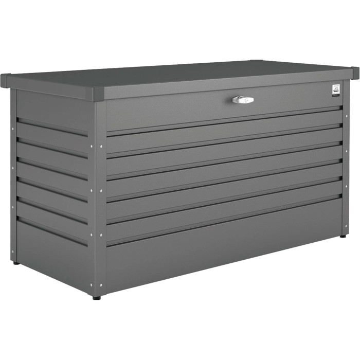 Biohort Box per il tempo libero 130, grigio scuro metallizzato, box universale in metallo con serratura a cilindro con maniglia girevole.