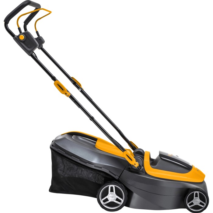 Stiga tagliaerba a batteria Collector 136e con batteria e caricabatterie. Tosaerba compatto grigio e giallo.