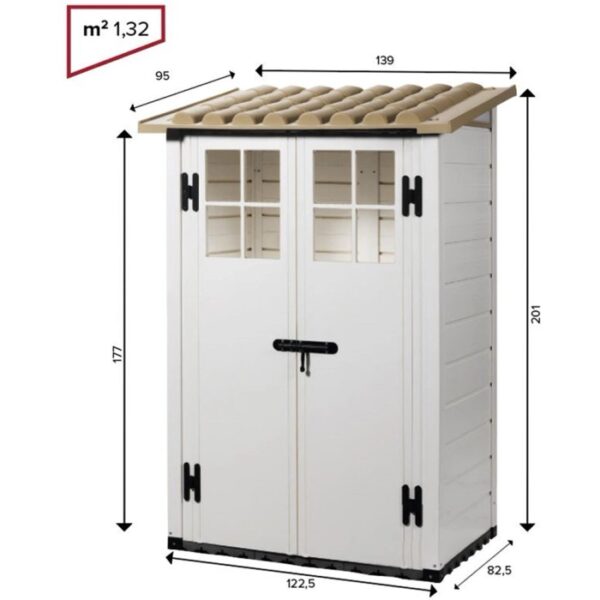 Casetta da giardino Garofalo Tuscany Evo, 122,5x82,5x201 cm, in metallo, bianco-beige. Casetta con doppia porta e finestre.