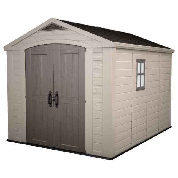 Casetta da giardino in plastica Keter, 8,1 m², marrone-beige con doppia porta e finestra.