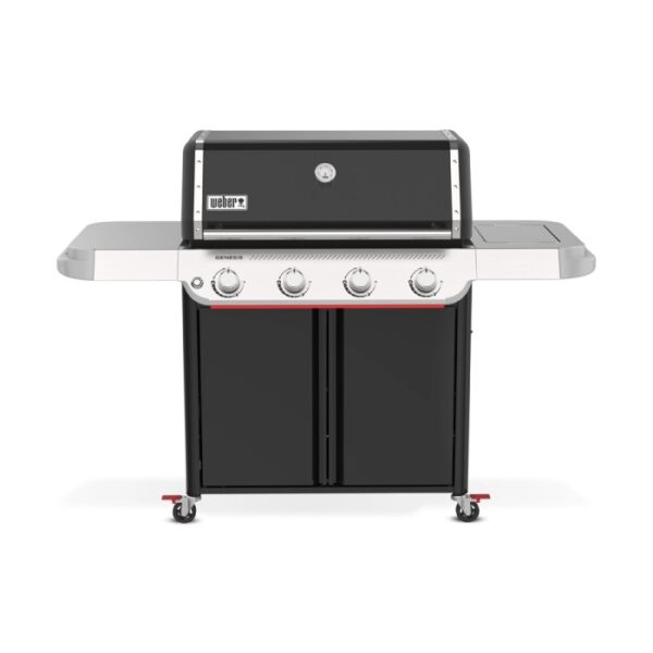 Barbecue a gas nero t.b.t. con tre bruciatori e ripiani laterali.