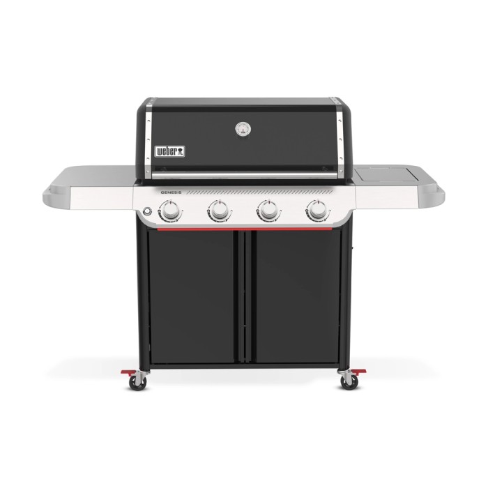 Barbecue a gas nero t.b.t. con tre bruciatori e ripiani laterali.