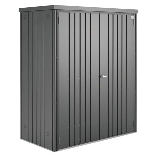 Armadio da giardino Biohort taglia 150, grigio scuro metallizzato, con doppia porta e serratura a cilindro.