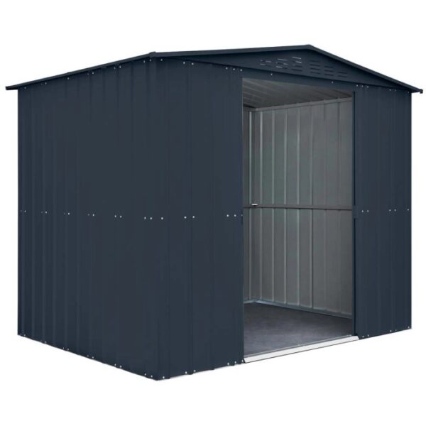 Casetta da giardino in metallo antracite con porta aperta. Ideale per riporre gli attrezzi da giardino.
