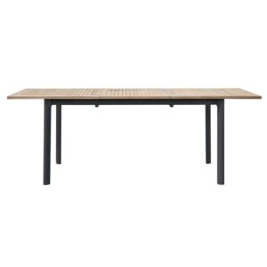 Tavolo da giardino t.b.t. con piano in legno e struttura in metallo scuro.