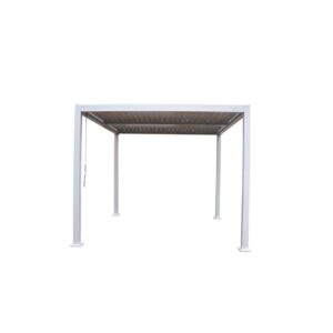 Gazebo moderno bianco con tetto a lamelle.