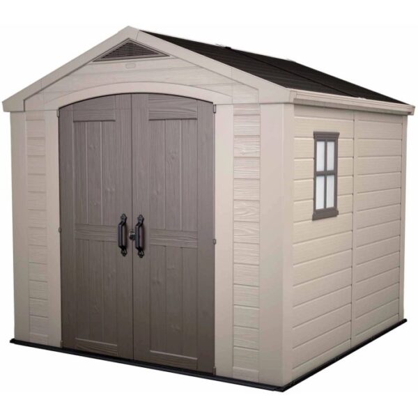 Casetta da giardino in plastica Keter, 6,32 m², in beige-grigio con doppia porta e finestra.