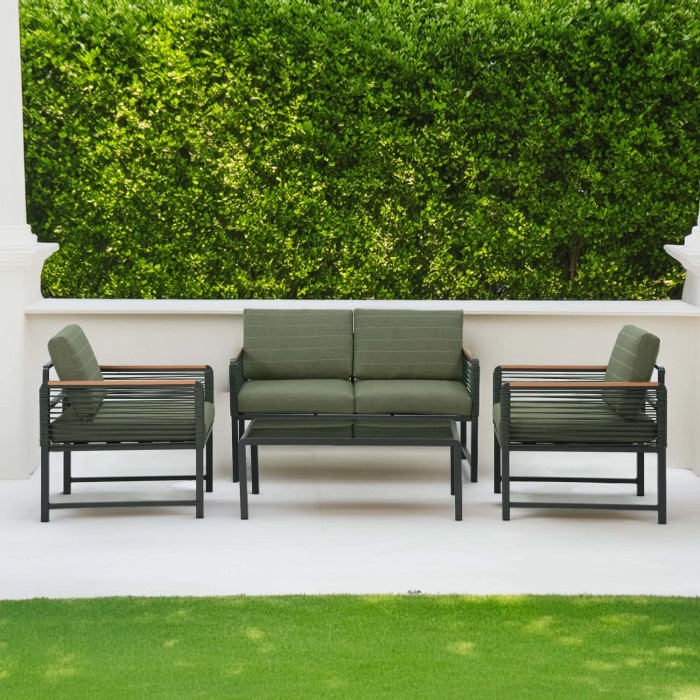 Set di mobili da giardino t.b.t. con divano, tavolo e due poltrone in verde.