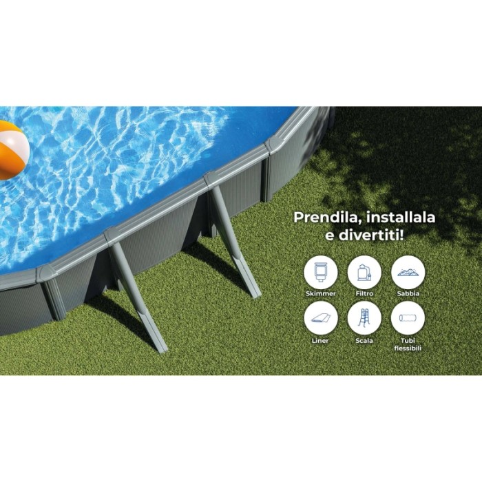 Piscina fuori terra ovale in acciaio antracite Gre 730x375 H 120 cm