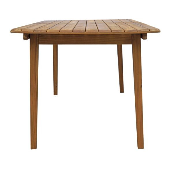 Tavolo da giardino quadrato in legno con piano a listelli.