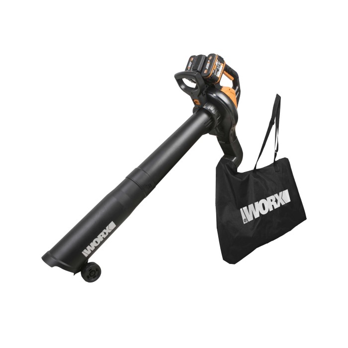 Soffiatore/aspiratore a batteria WORX con sacco di raccolta e batteria.