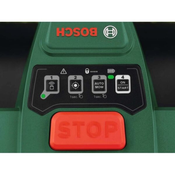 Pannello di controllo del robot tagliaerba Bosch VISIMOW18V-100 verde con tasti neri e pulsante STOP rosso.