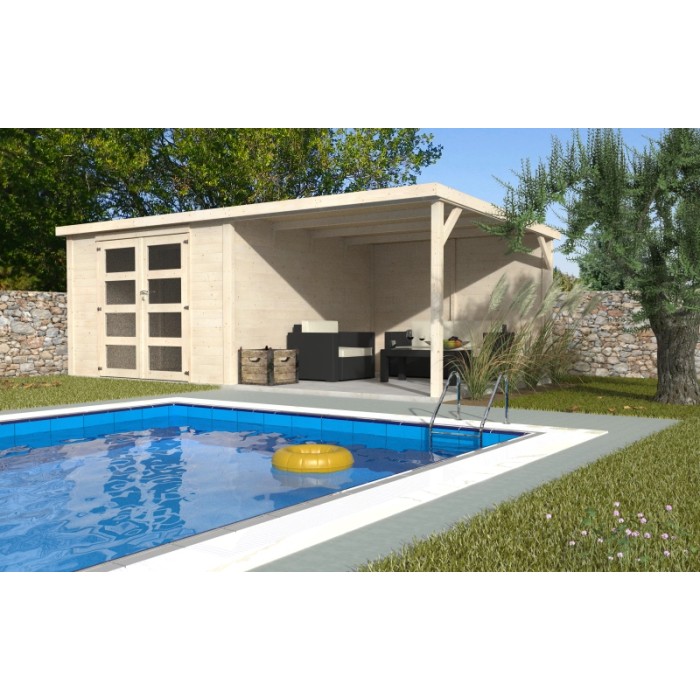 Casetta da giardino in legno t.b.t. con terrazza coperta a bordo piscina. Ideale come pool house.