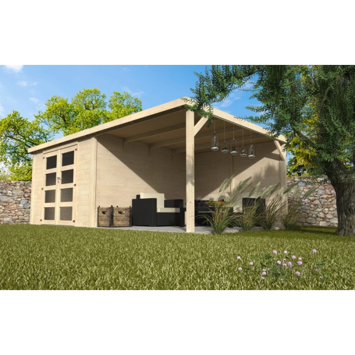 Casetta da giardino in legno con terrazza coperta e area salotto. Ideale per il giardino.