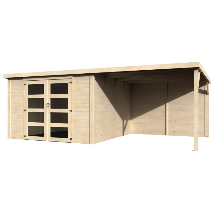 Casetta da giardino in legno con doppia porta e annesso aperto. Ideale come rimessa attrezzi.
