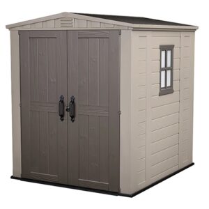 Casetta da giardino in plastica Keter 3,39 m² con doppia porta e finestra, beige/marrone.