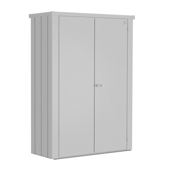 Armadio da terrazza Biohort Romeo, argento metallizzato, ideale per balconi e terrazze.