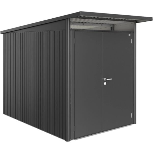 Casetta da giardino in metallo Biohort AvantGarde A3, grigio scuro metallizzato con doppia porta.