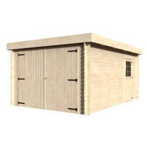 Garage D+J Galan in legno naturale con doppia porta e finestra.