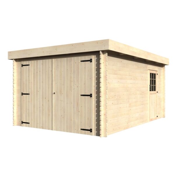 Garage D+J Galan in legno naturale con doppia porta e finestra.