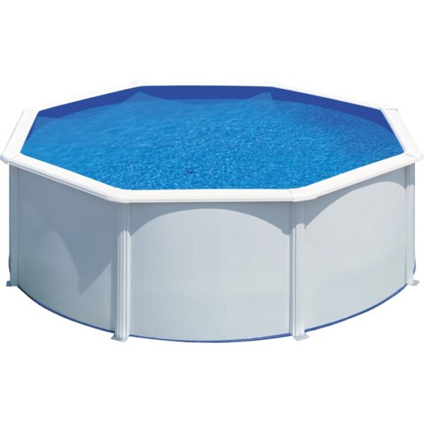 Piscina fuori terra Gre Fidji in acciaio bianco, Ø 300 cm x 120 cm, riempita con acqua blu.