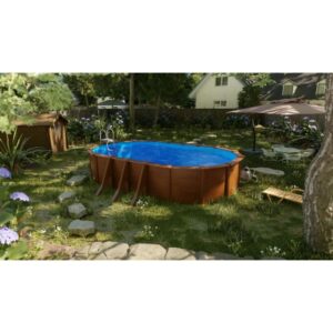 Piscina ovale Gre Pool Pacific effetto legno (610x375x120 cm) con scaletta in giardino.