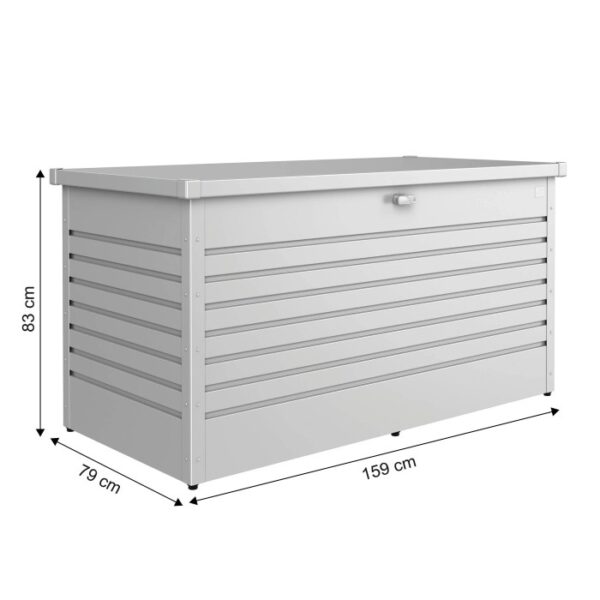 Box da giardino Biohort 160 High (83x159x79cm) argentata per riporre gli utensili.