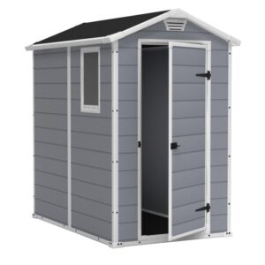 Casetta da giardino in plastica Keter, grigia, 2,17 m², con porta e finestra aperte.