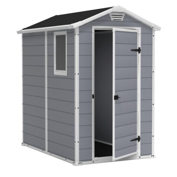 Casetta da giardino in plastica Keter, grigia, 2,17 m², con porta e finestra aperte.