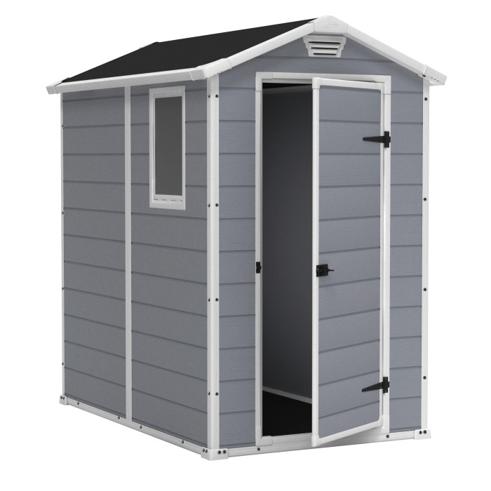 Casetta da giardino in plastica Keter, grigia, 2,17 m², con porta e finestra aperte.
