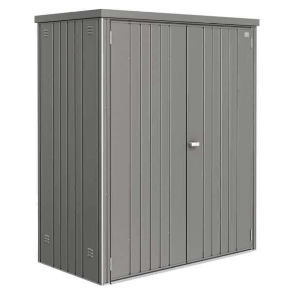Casetta da giardino in metallo Biohort, grigio quarzo metallizzato, 1,3 m², con doppia porta. Ideale per riporre gli oggetti in giardino.