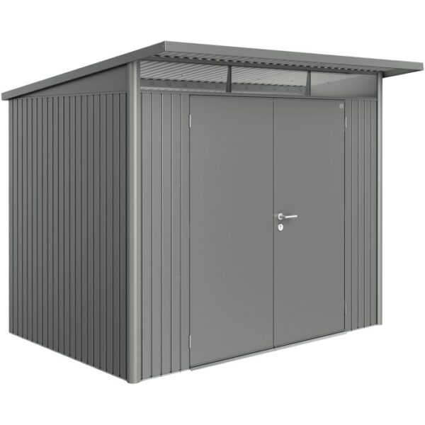Casetta da giardino in metallo grigio con doppia porta. Ideale per riporre gli attrezzi da giardino.
