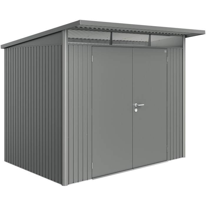 Casetta da giardino in metallo grigio con doppia porta. Ideale per riporre gli attrezzi da giardino.