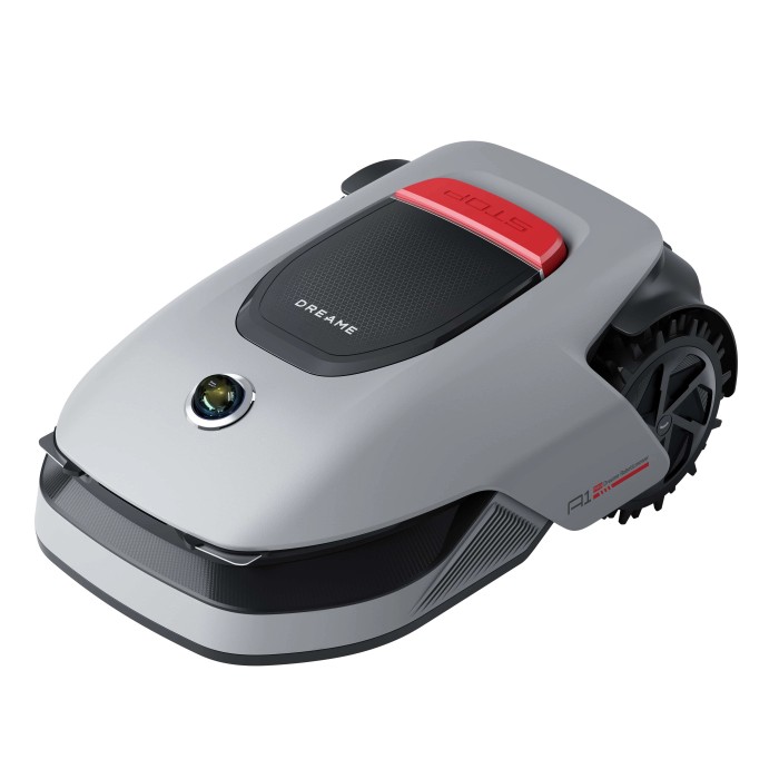 Dreame robot rasaerba A1 Pro: Robot tagliaerba grigio con pulsante "STOP" e pneumatici off-road.