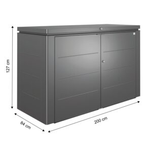 Biohort HighBoard 200 box da giardino, grigio scuro metallizzato, con ante a battente e dimensioni 127x200x84 cm.