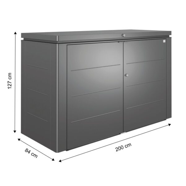 Biohort HighBoard 200 box da giardino, grigio scuro metallizzato, con ante a battente e dimensioni 127x200x84 cm.