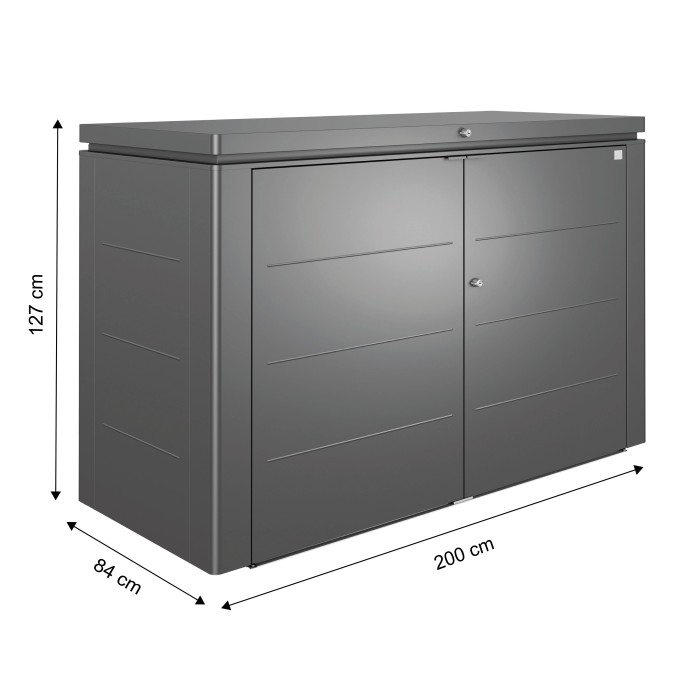 Biohort HighBoard 200 box da giardino, grigio scuro metallizzato, con ante a battente e dimensioni 127x200x84 cm.