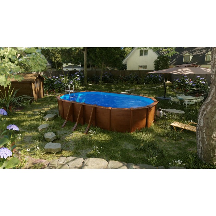 Piscina ovale Gre Pool Pacific con effetto legno (730x375x120 cm) in giardino con scaletta e filtro a sabbia.