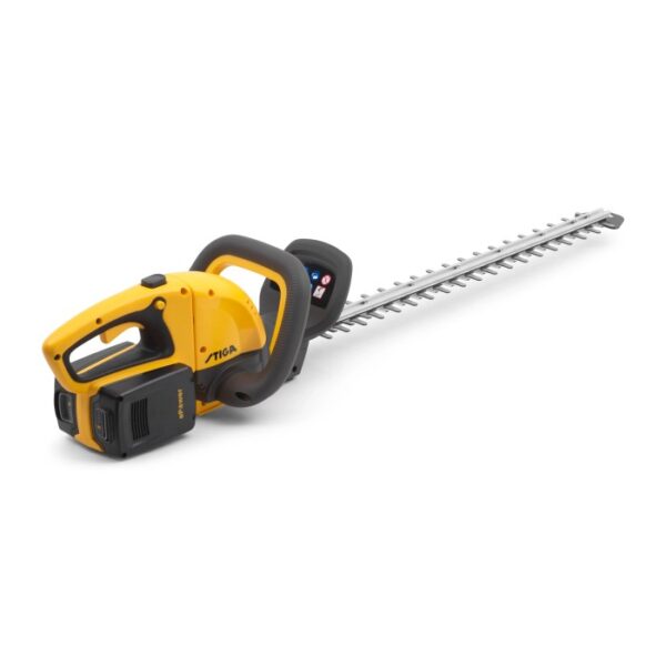 Tagliasiepi a batteria Stiga HT 300e set, giallo/nero, con batteria e caricabatterie.