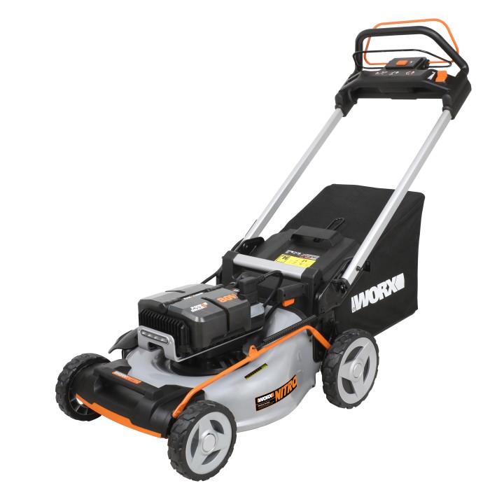 Tagliaerba a batteria Worx WG761E, larghezza 51 cm, con batteria e sacco di raccolta.