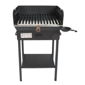 Barbecue a carbonella nero con ripiano e pentolino.