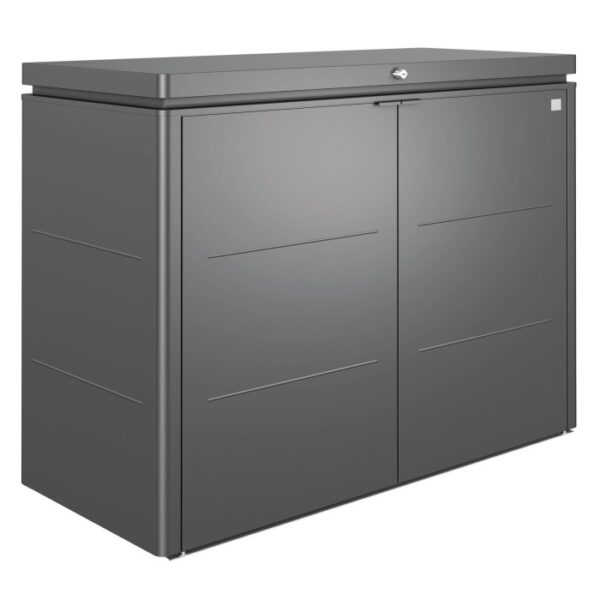 Biohort HighBoard 160 box da giardino in grigio scuro metallizzato: box universale in lamiera d'acciaio con ante a battente e coperchio chiudibile a chiave.