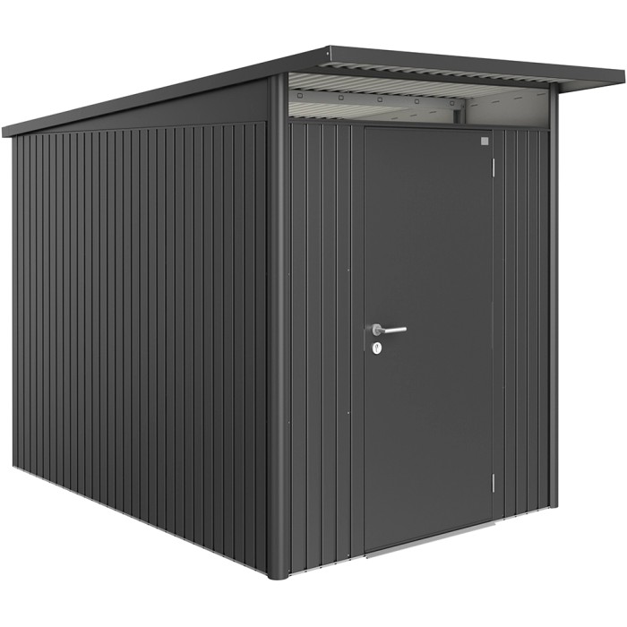 Casetta da giardino in metallo Biohort AvantGarde A3, grigio scuro metallizzato con porta standard.